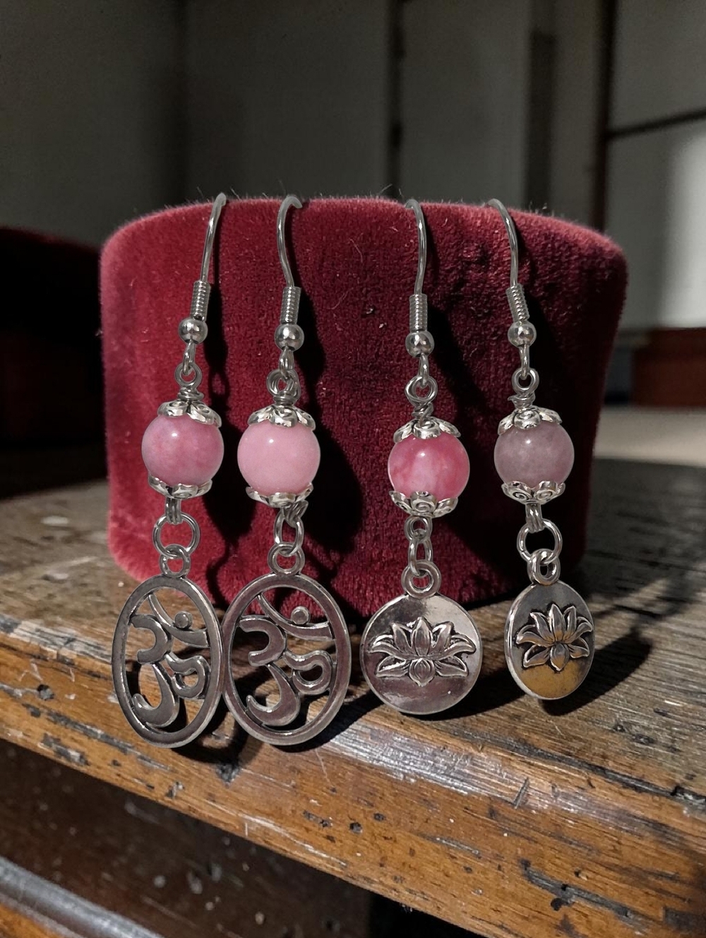 Handcrafted Lotus And Om Set Of Two Earrings With Morganite Beads